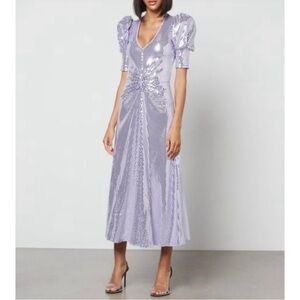 ROTATE Birger Christenson Purple Sequin Ruched Puff Sleeve Midi Dress size 4